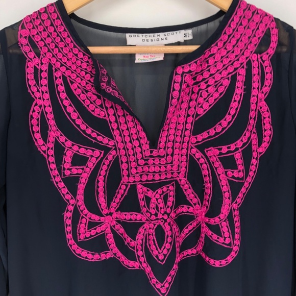 Gretchen Scott Designs Womens Blouse Size Medium Embroidered Sheer Blue Pink - Picture 2 of 12